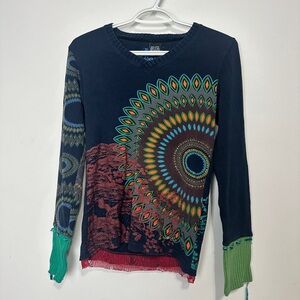 Y2K boho Navy V‑Neck Long Sleeve Top with Multicolor Mandala